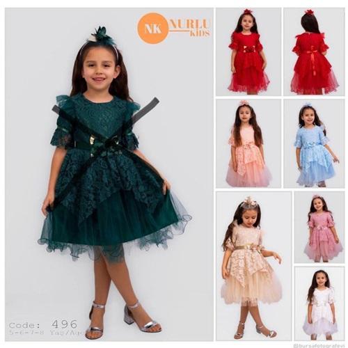 Nurlu Kids 496 Kız Çocuk Tokalı Kısa Kol Tül Elbise 5-8 Yaş