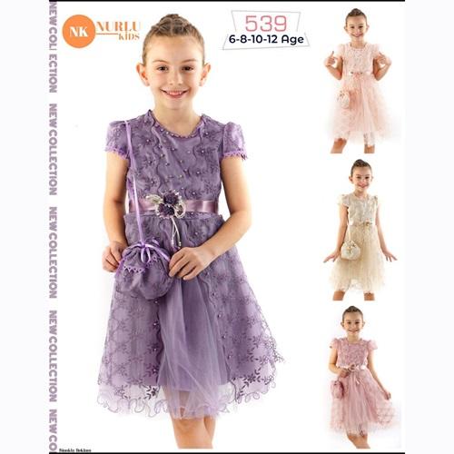 Nurlu Kids 539 Kız Çocuk Dantelli Kısa Keseli Kollu Elbise 6-12 Yaş