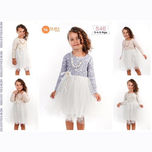 Nurlu Kids 546 Kız Çocuk Kabartmalı Tül İnci Bileklik Aks Elbise 3-4-5 Yaş