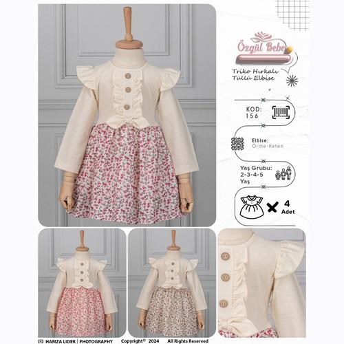 Özgül 156 Kız Çocuk Çiçek Desenli Nakışlı Örme Keten Elbise 2-5 Yaş