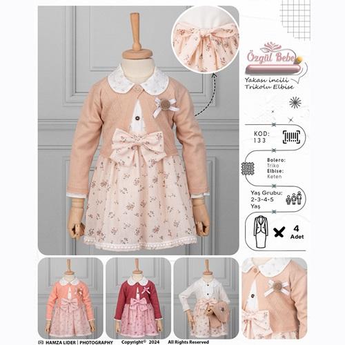 Özgül 133 Kız Çocuk Çiçek Desenli Yakası İncili Triko Bolerolu Elbise 2-5 Yaş