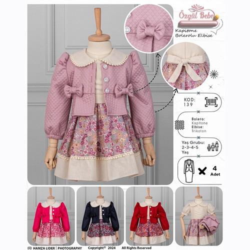 Özgül 139 Kız Çocuk Çiçek Desenli Kapitone Ceketli Brode Keten Elbise 2-5 Yaş