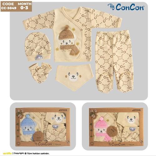 ConCon 1639 Bebe Organik Lüx Atkılı Ayıcık Nakışlı 10 Parça Zıbın Set 0-3 Ay