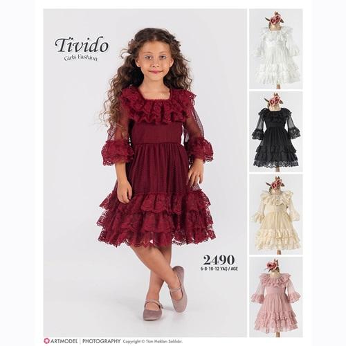 Tivido 2490 Kız Çocuk Volanlı Tül Elbise 6-12 Yaş