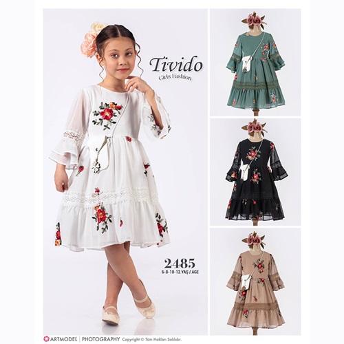 Tivido 2485 Kız Çocuk Şifon Çantalı Desenli Elbise 6-12 Yaş