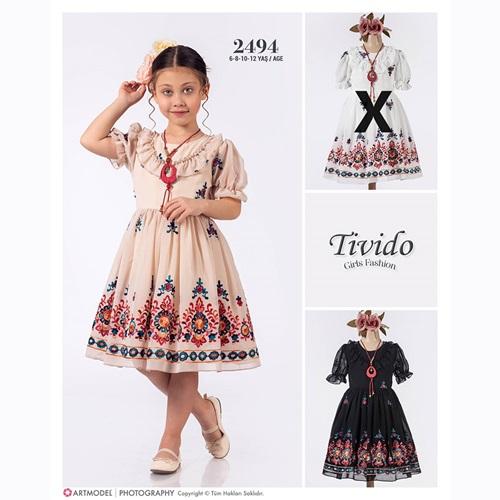 Tivido 2494 Kız Çocuk Nakışlı Kolyeli Elbise 6-12 Yaş