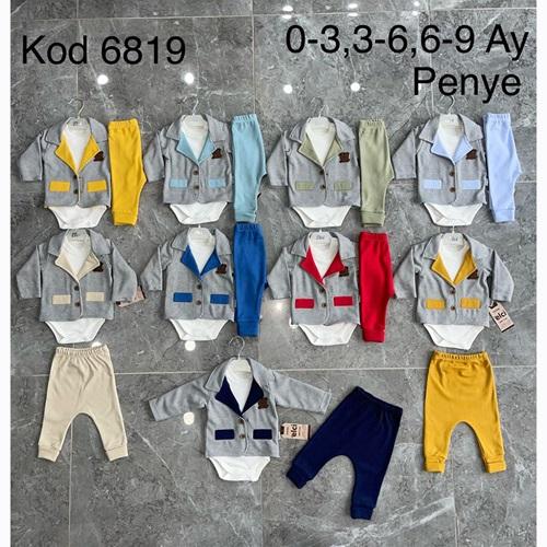 Elci 6819 Erkek Bebe Penye Kareli 3Lü Takım 3-6-9 Ay