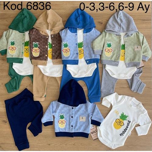 Elci 6836 Erkek Bebe Penye Ananas Nakışlı 3 Lü Takım 3-6-9 Ay