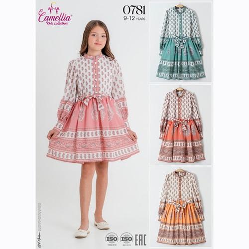 Camellia 781 Kız Çocuk Desenli Kemerli Uzun Kollu Elbise 9-12 Yaş