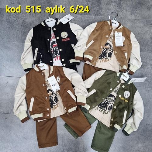 Mıncırık Kids 515 Erkek Bebe Spu Dapi Baskılı Düğmeli Ceketli 3 Lü Takım 624 Ay - Kahverengi - 06-24 AY