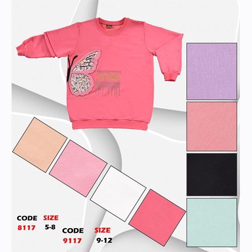 Kırmızı 8117 Kız Çocuk Kelebek Süzine Nakışlı Sıfır Yaka 2 İp Penye Sweat 5-8 Yaş