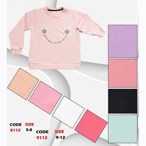 Kırmızı 9112 Kız Çocuk Papatya Nakışlı Sıfır Yaka 2 İp Penye Sweat 9-12 Yaş