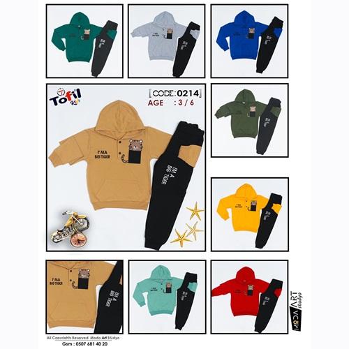 Tofil 0214 Erkek Çocuk Peluş Tiger Nakışlı Kpaşonlu Takım 3-6 Yaş