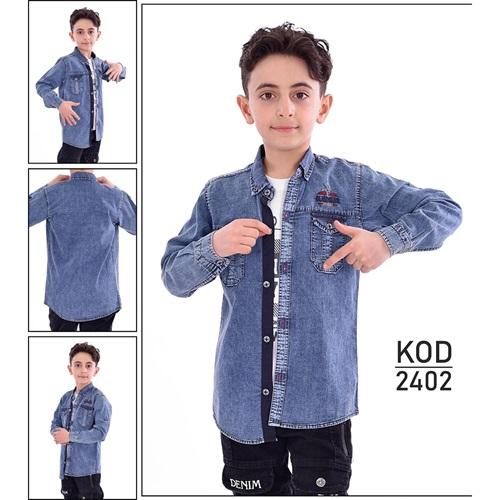 Bobiks 2402 Erkek Çocuk Penyeli Mini Kot Gömlek Kar Yıkama Tişört Takım 5-8 Yaş