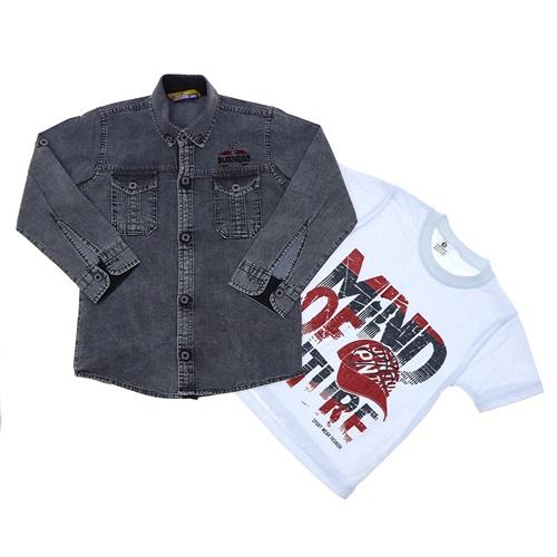 Bobiks 3410 Erkek Çocuk Garson Penyeli Mini Kot Gömlek Kar Yıkama Tişört Takım 9-12 Yaş