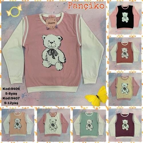 Pançiko 9406 Kız Çocuk Penye Omuz Torlu Ayı Baskılı Badi 5-8 Yaş