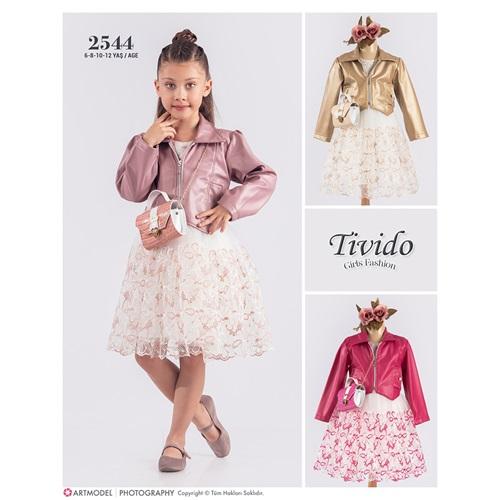Tivido 2544 Kız Çocuk Deri Ceketli Çantalı Dantelli Elbise 6-12 Yaş