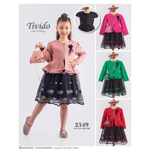 Tivido 2549 Kız Çocuk Dantelli Ceketli Çantalı Elbise 6-12 Yaş