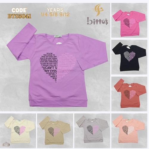 BTS 5041 Kız Çocuk Kalp Yazı Baskılı Taşlı U Kol Lyc Penye Badi 5-8 Yaş