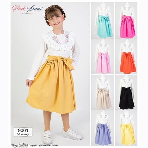 Pink Luna 9001 Kız Çocuk Penye Çiçek Nakışlı Elbise 6-9 Yaş