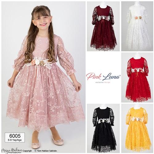 Pink Luna 6005 Kız Çocuk Güpürlü Süslü Abiye Elbise 6-9 Yaş