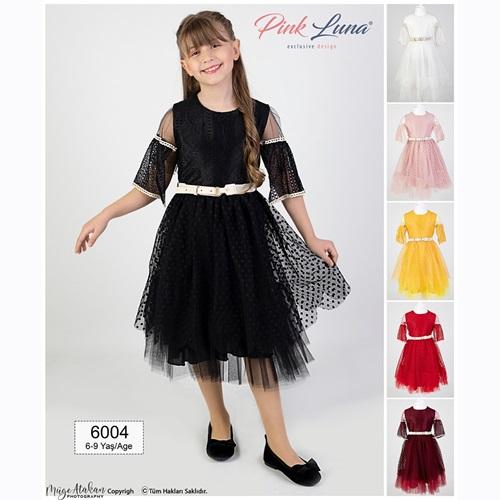 Pink Luna 6004 Kız Çocuk Kemerli Süslü Abiye Elbise 6-9 Yaş