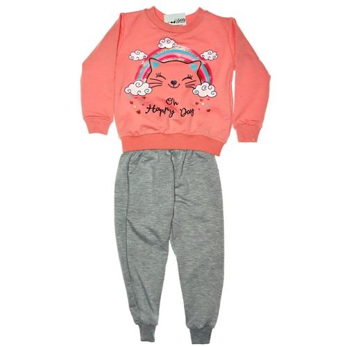 8886 Kız Gökkuşağı Kedili 2 li Penye Takım 3 Yaş-6 Yaş