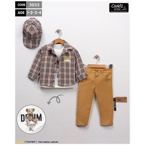 Canöz 3052 Erkek Çocuk Ekoseli Gömlekli 3 Lü Şapkalı Takım 1-4 Yaş