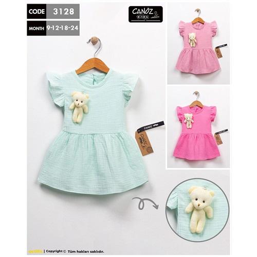 Canöz 3128 Kız Çocuk Oyuncak Ayıcıklı Müslin Elbise 9-24 Ay