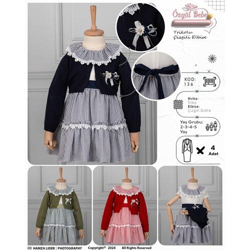 Özgül 136 Kız Çocuk Triko Nakış Bolerolu Çizgili Elbise 2-5 Yaş