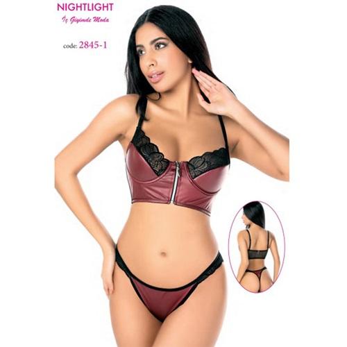 NightLight 2845 Bayan Fermuarlı Deri Sütyen Takım SM-LXL