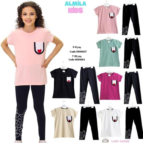 Almila 1164 Kız Çocuk Penye Kalpli Triko Cep Tişört Takım 7-10 Yaş