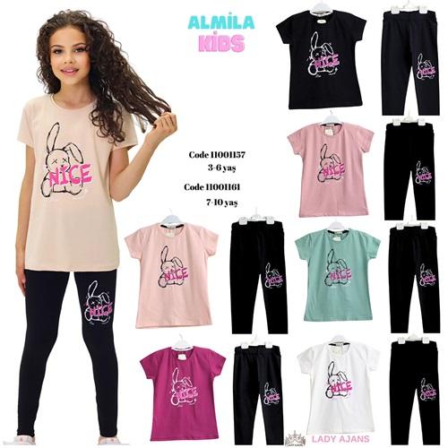 Almila 1157 Kız Çocuk Penye Tavşan Baskılı Tişört Takım 3-6 Yaş