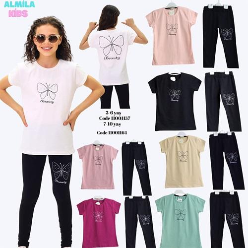 Almila 1157 Kız Çocuk Penye Taş Kelebek Baskılı Tişört Takım 3-6 Yaş