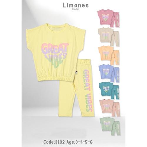 Limones 3102 Kız Çocuk Penye Great Vibes Baskılı Tişört Takım 3-6 Yaş