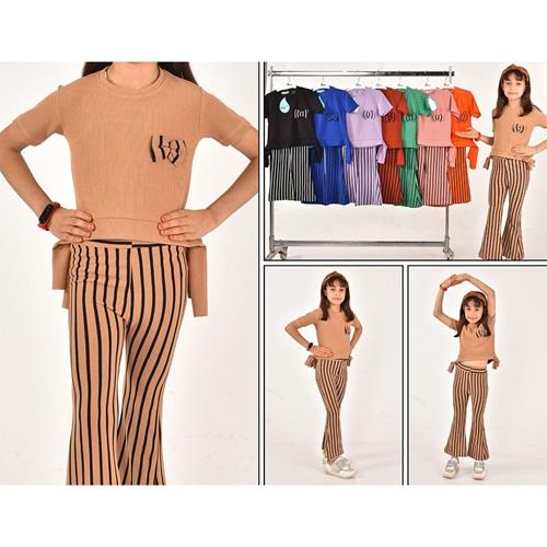 Damlanur Kız Çocuk Çizgili İspanyol Paça Takım 4-10 Yaş