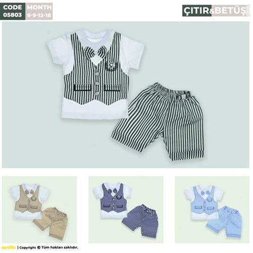 Çıtır Bebe 05803 Erkek Bebe Sahte Yelek Kalın Çizgili Penye Şortlu Takım 6-18 Ay