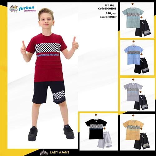 Furkan 1157 Erkek Çocuk Penye Dama Desenli Nice Baskılı Şortlu Takım 3-6 Yaş
