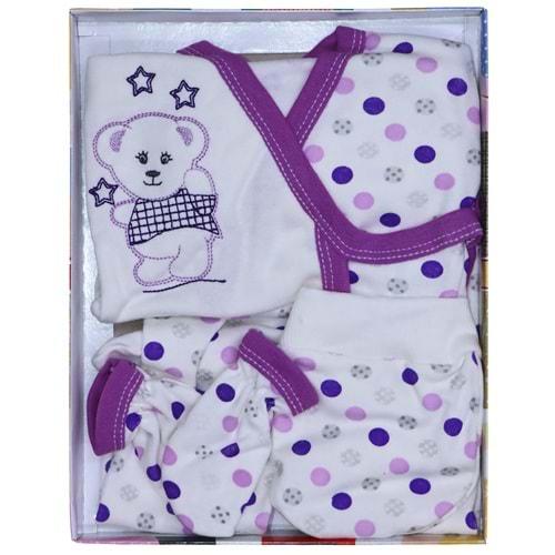 Burtaç Bebe 104 Penye Sevinli Ayıcık Baskılı 4 Parça Zıbın Seti 0-3 Ay