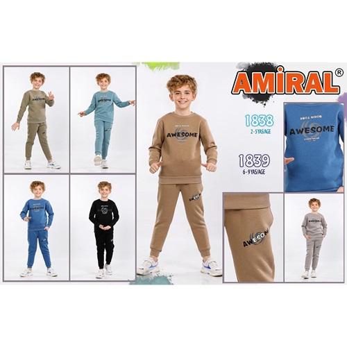 Amiral 1838 Erkek Çocuk 3 İp Awesome Baskılı Sıfır Yaka Takım 2-5 Yaş