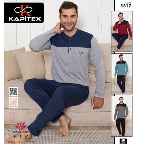 Kapitex 5817 Erkek Cotton Robalı 3 Düğmeli Uzun Kol Pijama Takımı M-2XL