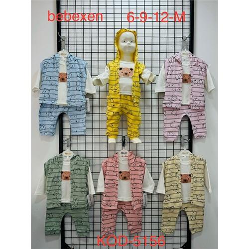 Bebexen Baby 5156 Bebe Penye Sevimli Ayıcık Baskılı Kapşonlu Yelekli Takım 6-12 Ay