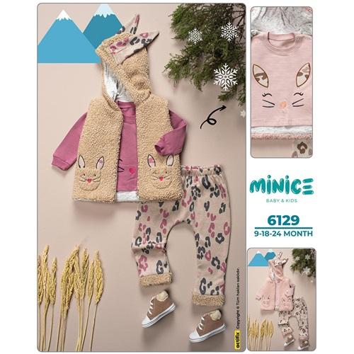 Minice 6129 Kız Bebe Peluşlu Tavşan Nakışlı 3 lü Takım 9-18-24 Ay