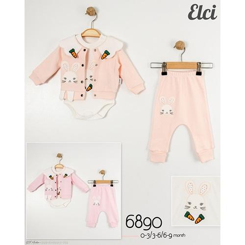 Elci 6890 Kız Bebe Penye Havuç Yakalı 3 Lü Takım 3-9 Ay