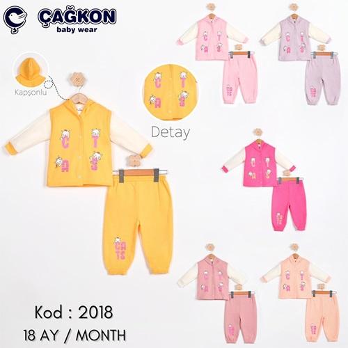 Çağkon 2018 Kız Çocuk Penye Kedi Baskılı Kapşonlu Takım 2 Yaş