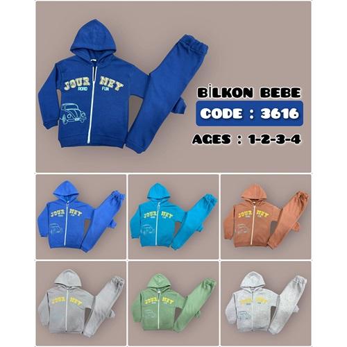 Bilkon 3616 Erkek Çocuk 3 İp Araba Baskılı Kapşonlu Sweat Takım 1-4 Yaş