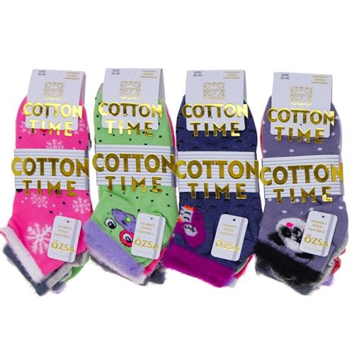 Cotton Tıme 3544 Bayan Penye Desenli Likralı 3 Lü Tüylü Patik Çorap