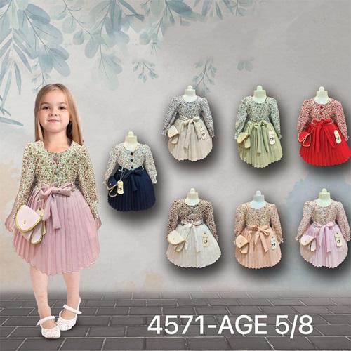 Lotus 4571 Kız Çocuk Çiçek Desenli Piliseli Çantalı Elbise 5-8 Yaş