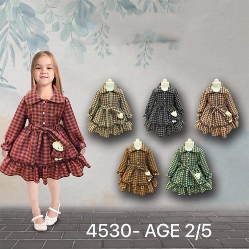 Neo Style 4530 Kız Ekoseli Oyucak Ayıcıklı Elbise 2-5 Yaş