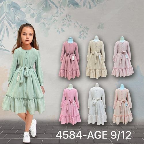 Enfetto 4584 Kız Çocuk Etek Ucu Parçalı Kemerli Elbise 9-12 Yaş